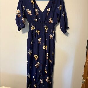 Old Navy Blue and Yellow Smocked Jumpsuit V-Neck